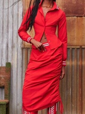 Red Ruched Midi Skirt & Shirt Women